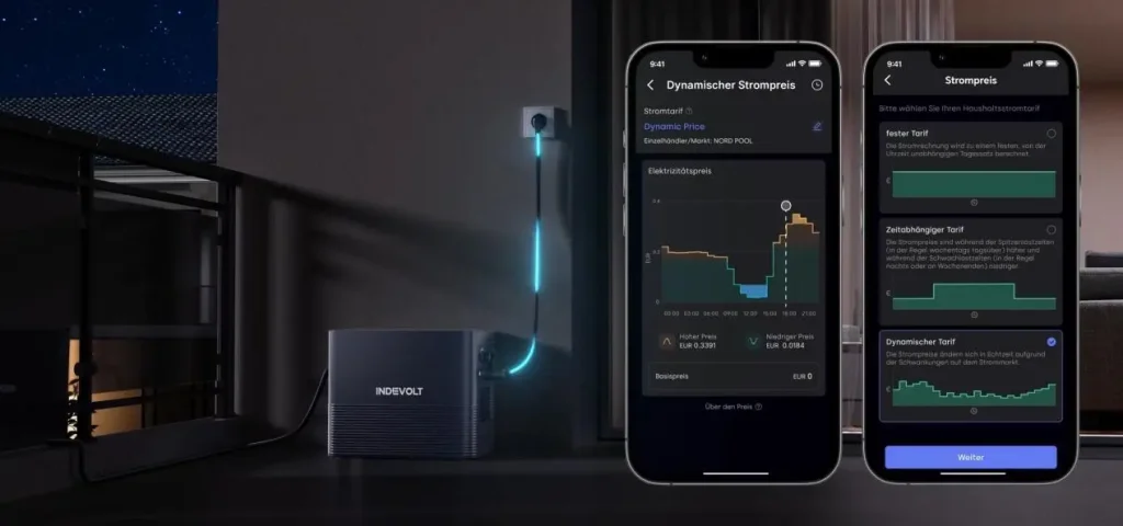 Eine INDEVOLT Batterieeinheit mit einem blau leuchtenden Ladekabel, das zu einer Steckdose führt. Rechts sind zwei Smartphones nebeneinander dargestellt. Das linke zeigt die Detailansicht eines dynamischen Strompreises mit einem Graphen von Preisänderungen über den Tag. Das rechte Smartphone zeigt eine Auswahl verschiedener Stromtarife, darunter "Fester Tarif", "Zeitabhängiger Tarif" und hervorgehoben "Dynamischer Tarif".