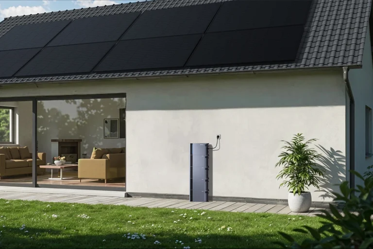Eine moderne Photovoltaikanlage auf einem Hausdach, die von der Sonne beschienen wird, als Symbol für die dauerhafte 0 % Mehrwertsteuer auf Solarstrom in Deutschland ab 2025.