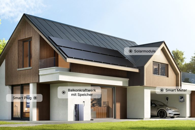 Balkonkraftwerk mit Speicher verbunden mit Smart Meter im Verteilerkasten, Echtzeit-Steuerung des Haushaltsverbrauchs über die Indevolt App zur Optimierung der Eigenverbrauchsquote