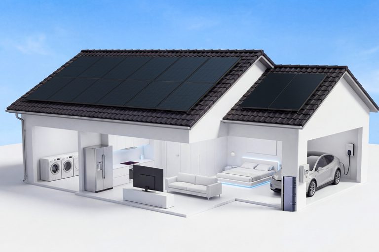 Plug-in thuisbatterij in stand-by met langzaam dalend batterijpeil, uitleg over standby-verbruik per bedrijfsmodus — bypass, diepe stand-by en AC-hulpvoeding bij SolidFlex 2000